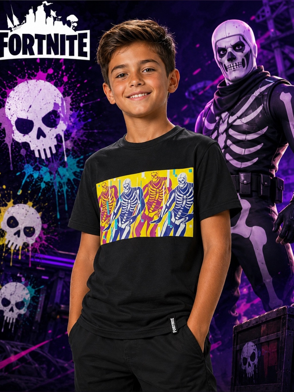 Fortnite Exclusive Skully Trooper Graphic Black  T-Shirt Youth Size Large 10-12